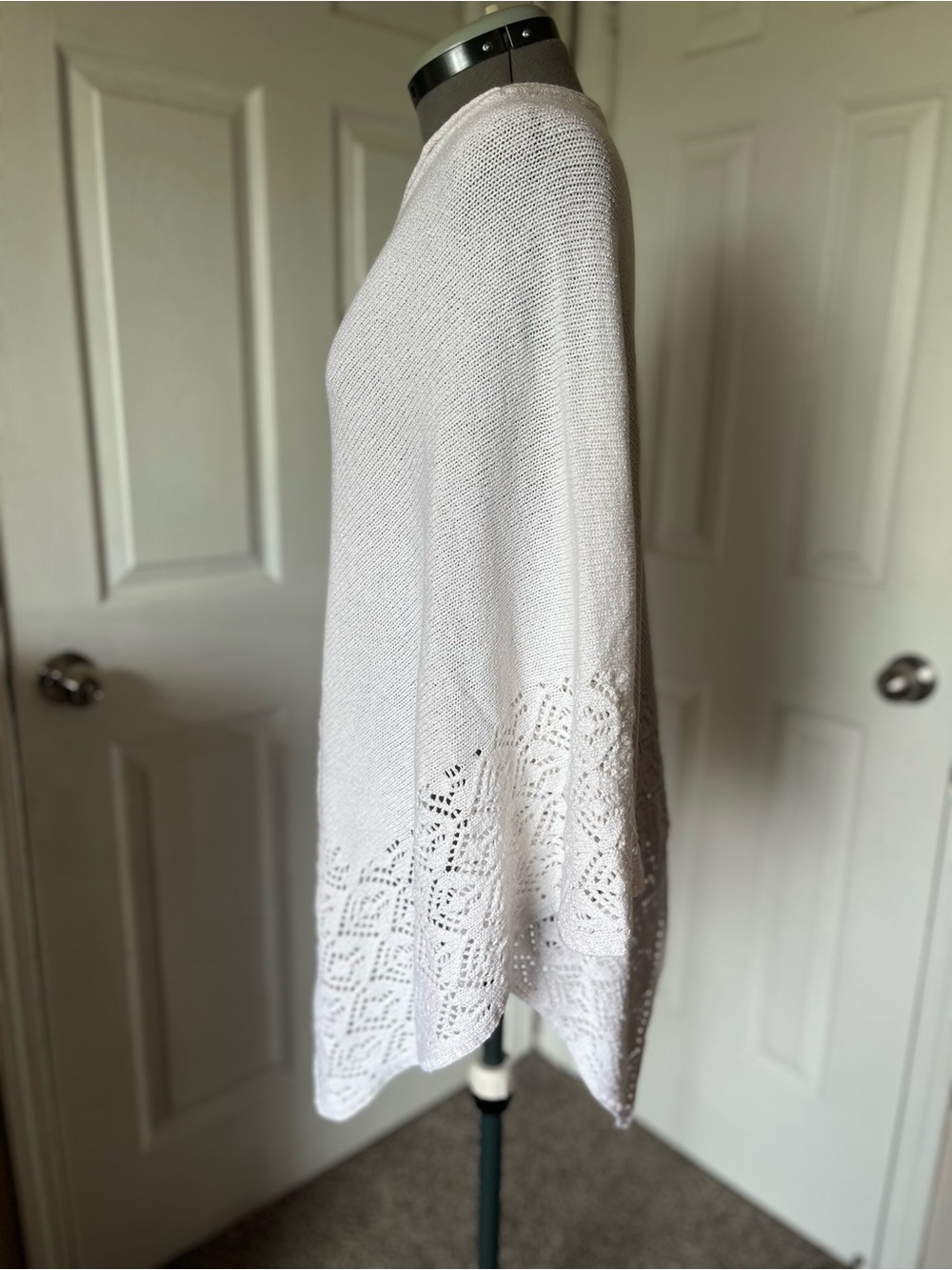 Knit Asymmetric Poncho, White, One Size - Picture 2 of 5